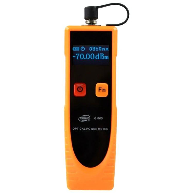 Benetech Optic Power Meter for Fiber Network Testing handheld device showing -70.00 dBm on display with orange casing and function buttons