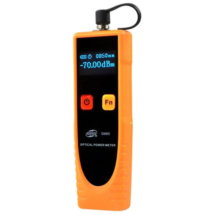 Benetech Optic Power Meter for Fiber Network Testing handheld device showing -70.00 dBm on screen, orange casing and Fn button