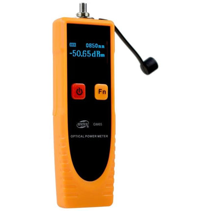 Benetech Optic Power Meter for Fiber Network Testing handheld orange meter showing -50.65 dBm on display and probe attached