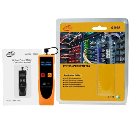 Benetech Optic Power Meter for Fiber Network Testing handheld meter with manual and packaging showing fiber patch panel
