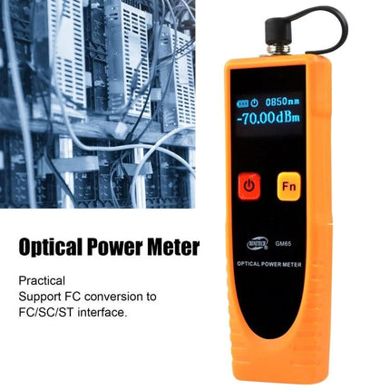 Benetech Optic Power Meter for Fiber Network Testing handheld tester showing -70.00 dBm on-screen with orange casing and FC/SC/ST support
