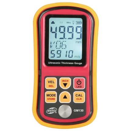 Benetech Ultrasonic Thickness Meter for Industrial Measurements handheld ultrasonic thickness gauge displaying 49.99 mm for metal inspection