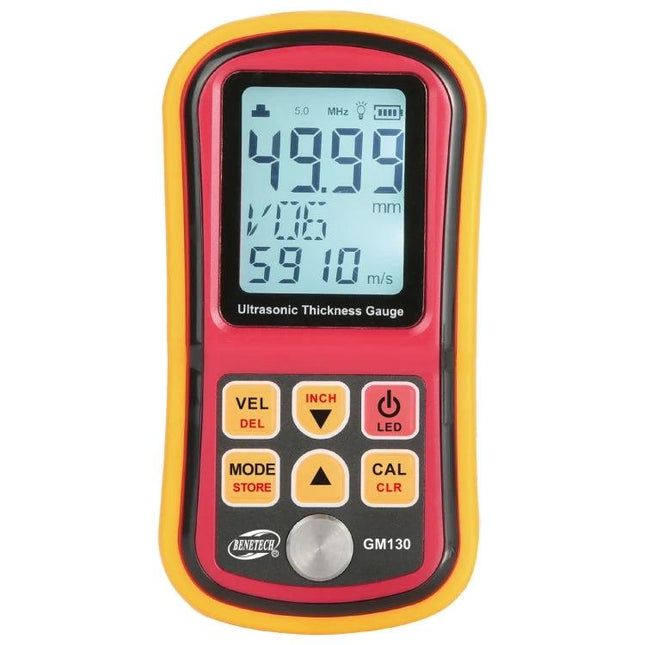 Benetech Ultrasonic Thickness Meter for Industrial Measurements handheld ultrasonic thickness gauge displaying 49.99 mm for metal inspection