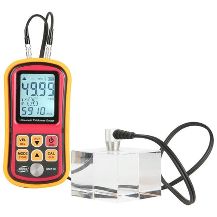 Benetech Ultrasonic Thickness Meter for Industrial Measurements handheld meter with probe measuring clear metal block, digital display showing thickness