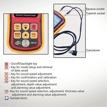 Benetech Ultrasonic Thickness Meter for Industrial Measurements handheld gauge with probe, buttons and transducer cables for metal and plastic thickness testing