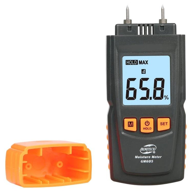 BENETECH Handheld Digital Moisture Meter for Wood Testing showing 65.8% reading handheld wood moisture tester