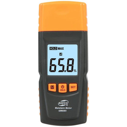 BENETECH Handheld Digital Moisture Meter for Wood Testing showing 65.8% reading on front display