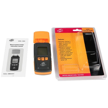 BENETECH Handheld Digital Moisture Meter for Wood Testing showing device, probe cover, manual and retail packaging