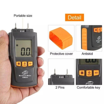 BENETECH Handheld Digital Moisture Meter for Wood Testing in hand showing display, protective cover, pins and buttons