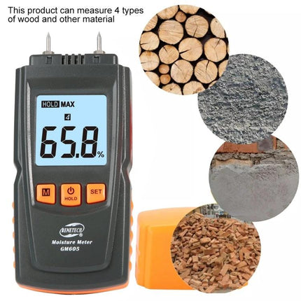 BENETECH Handheld Digital Moisture Meter for Wood Testing showing 65.8% reading with probes and wood samples