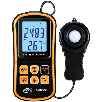 Benetech Portable LUX Meter for Everyday Light Measurement - split sensor lux meter showing 24.83 lx and 26.7°C on display