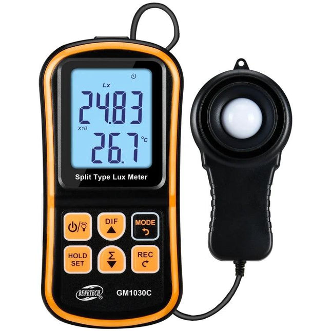 Benetech Portable LUX Meter for Everyday Light Measurement - split sensor lux meter showing 24.83 lx and 26.7°C on display