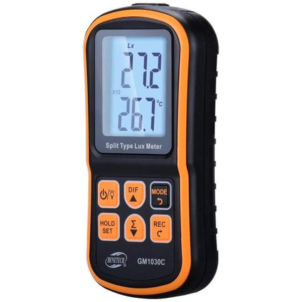 Benetech Portable LUX Meter for Everyday Light Measurement - handheld split-type lux meter with large LCD and orange-black casing