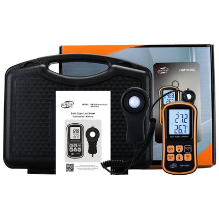Benetech Portable LUX Meter for Everyday Light Measurement - split sensor and display with case for home office lab lighting checks