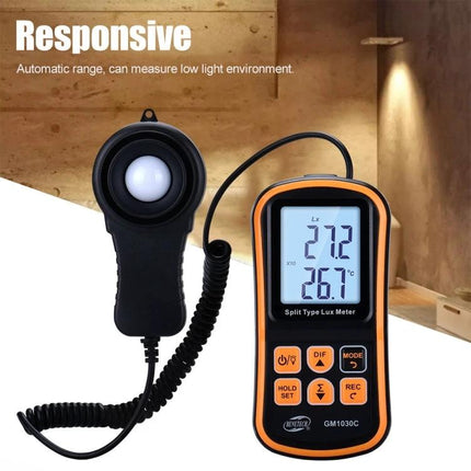 Benetech Portable LUX Meter for Everyday Light Measurement - split sensor and display measuring indoor light levels