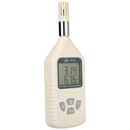 Benetech Digital Humidity and Temperature Measurement Device for Indoor Use beige digital meter with LCD showing humidity and temperature readings