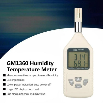 Benetech Digital Humidity and Temperature Measurement Device for Indoor Use - white GM1360 with large LCD showing temp and humidity