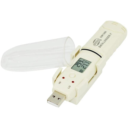 Benetech USB Temperature Recorder with Data Alarm Feature compact USB data logger showing LCD temp readings and protective cap