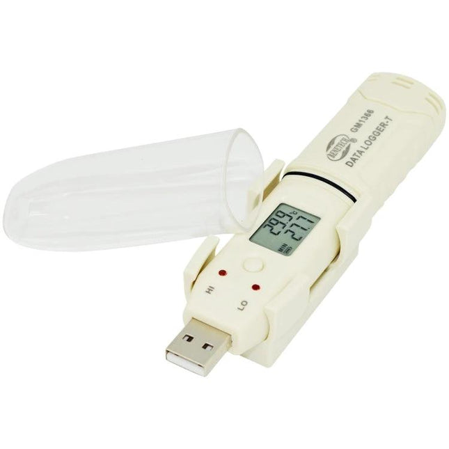 Benetech USB Temperature Recorder with Data Alarm Feature compact USB data logger showing LCD temp readings and protective cap