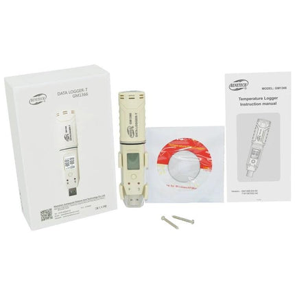 Benetech USB Temperature Recorder with Data Alarm Feature shown with box, CD, manual and mounting screws