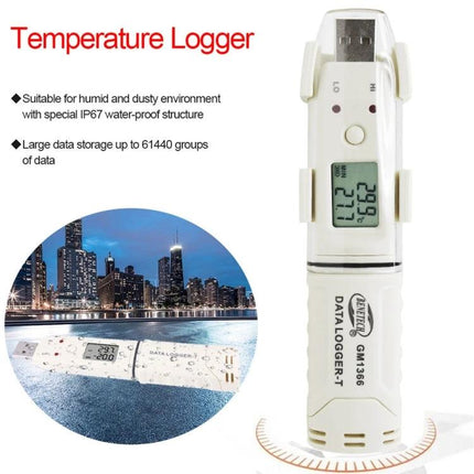 Benetech USB Temperature Recorder with Data Alarm Feature compact USB data logger showing LCD, IP67 waterproof housing and alarm for labs, warehouses, food storage