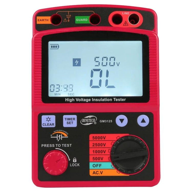 Benetech High Voltage Insulation and Resistance Tester handheld meter showing 500V display and control dial