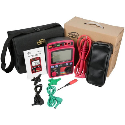 Benetech High Voltage Insulation and Resistance Tester with leads, probes, carrying case and manual for technician safety inspections