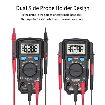 BSIDE Handheld Multimeter for Everyday Household Electrical Checks showing dual side probe holder, probes stored and attached for safe single-hand testing