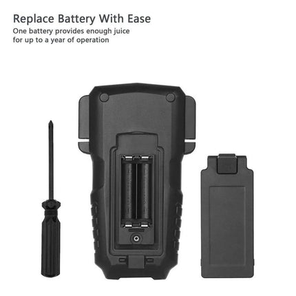BSIDE Handheld Multimeter for Everyday Household Electrical Checks showing battery compartment, battery cover and screwdriver for easy replacement