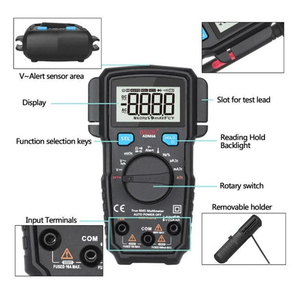 BSIDE Handheld Multimeter for Everyday Household Electrical Checks - labeled diagram showing display, rotary switch, input terminals, V-alert sensor, slot for test lead