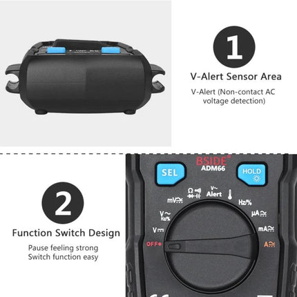 BSIDE Handheld Multimeter for Everyday Household Electrical Checks showing V-Alert sensor area and function switch design