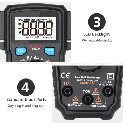 BSIDE Handheld Multimeter for Everyday Household Electrical Checks - close-up LCD backlight and standard input ports