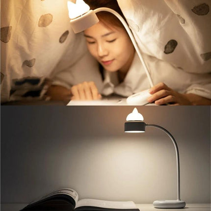 Cat-Shaped LED Lamp for Daily Desk and Night Use showing flexible gooseneck bedside lamp illuminating book for reading
