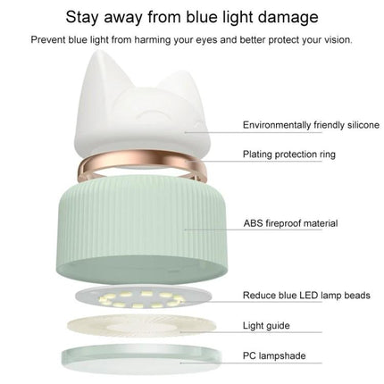 Cat-Shaped LED Lamp for Daily Desk and Night Use showing layered parts: silicone ears, plating ring, ABS body, reduced blue LED beads, light guide