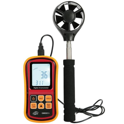 Benetech Digital Anemometer for Wind Speed and Temperature Measurement handheld anemometer with probe, LCD display showing wind speed and temperature