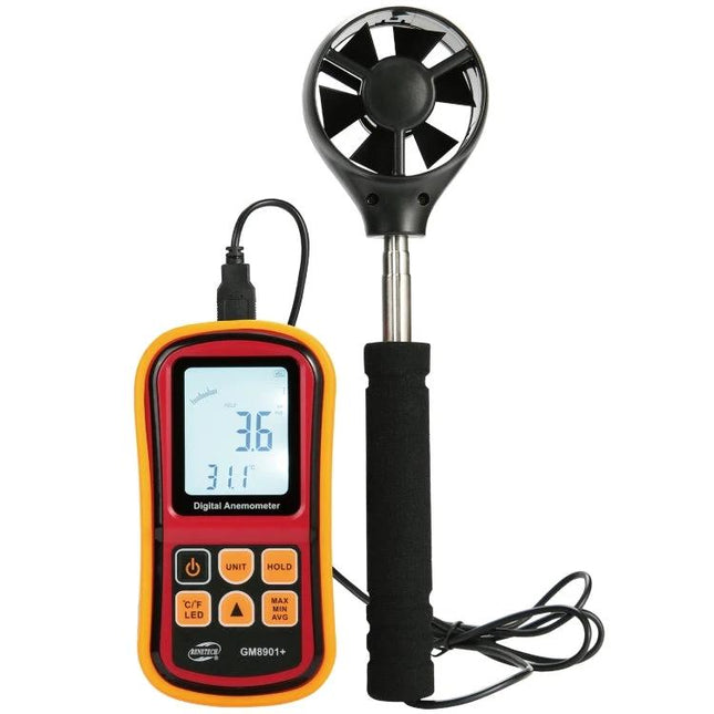 Benetech Digital Anemometer for Wind Speed and Temperature Measurement handheld anemometer with probe, LCD display showing wind speed and temperature