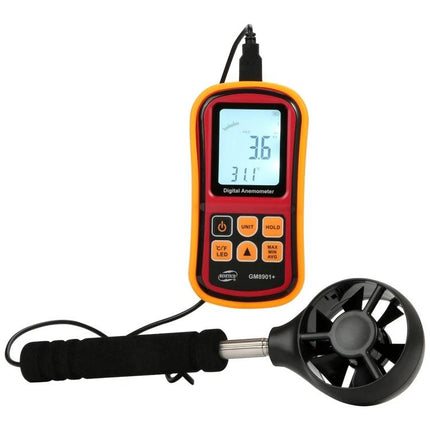 Benetech Digital Anemometer for Wind Speed and Temperature Measurement handheld meter with detachable vane sensor showing LCD readings