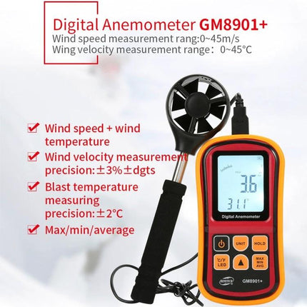 Benetech Digital Anemometer for Wind Speed and Temperature Measurement handheld meter showing fan sensor and LCD readout for outdoor wind and temperature