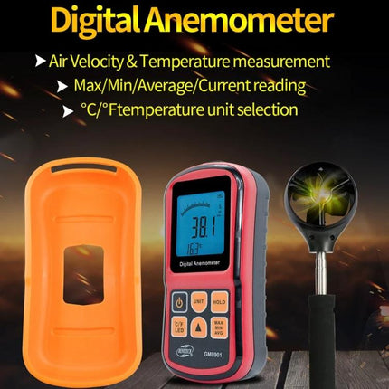 Benetech Digital Anemometer for Wind Speed and Temperature Measurement handheld unit with orange case and propeller sensor