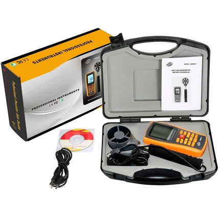 Benetech Anemometer for Measuring Wind Speed and Temperature in protective case with sensors, cable, and manual
