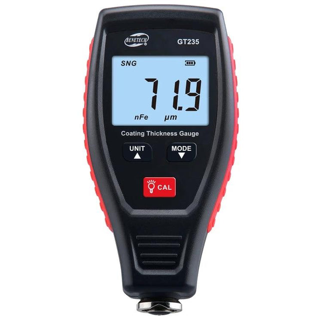 Benetech Dual-Purpose Coating Thickness Gauge for Metals handheld meter showing 71.9 µm reading on metal surface