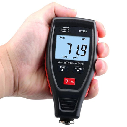 Benetech Dual-Purpose Coating Thickness Gauge for Metals in hand showing 71.9 µm reading on digital display