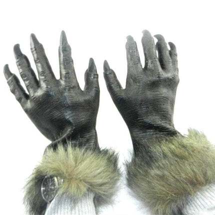 Halloween Latex Wolf Gloves Gray for Costume Parties and Masquerades - gray latex horror wolf gloves with faux fur cuffs for Halloween and masquerade