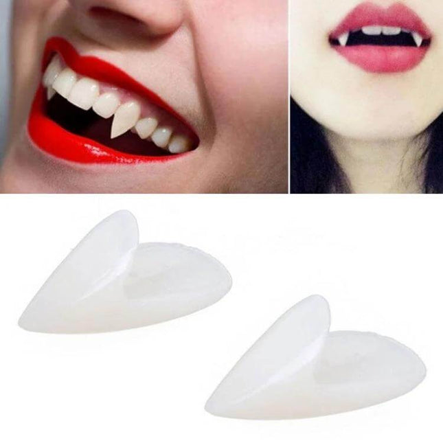 Halloween Dentures Props 15mm Vampire Fangs For Parties white resin costume accessory shown on smiling models