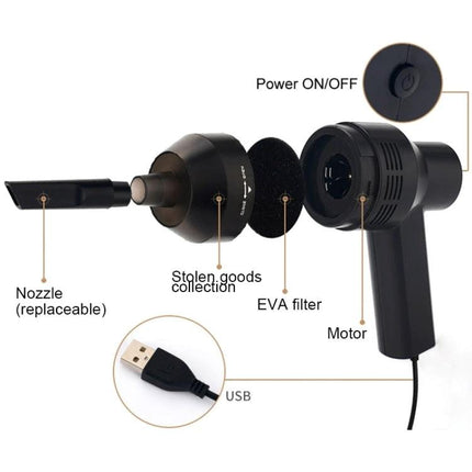 Handheld Portable USB Suction Cleaner for Keyboards and Laptops with nozzle, EVA filter, motor and USB plug