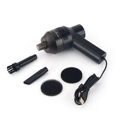 Handheld Portable USB Suction Cleaner for Keyboards and Laptops showing device, USB cable, brush and nozzle accessories