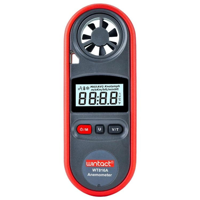 Wintact Digital Thermometer Anemometer for Wind Speed and Temperature - red handheld anemometer with LCD backlit display and fan sensor
