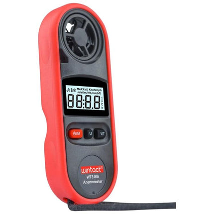Wintact Digital Thermometer Anemometer for Wind Speed and Temperature handheld red anemometer with LCD backlight showing digital readings