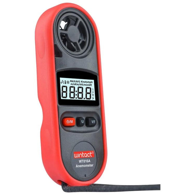 Wintact Digital Thermometer Anemometer for Wind Speed and Temperature handheld red anemometer with LCD backlight showing digital readings