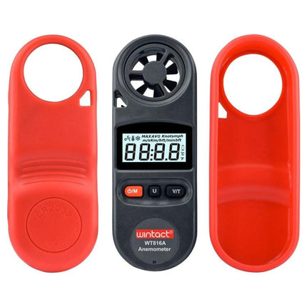 Wintact Digital Thermometer Anemometer for Wind Speed and Temperature - compact handheld anemometer with LCD backlight and protective red covers